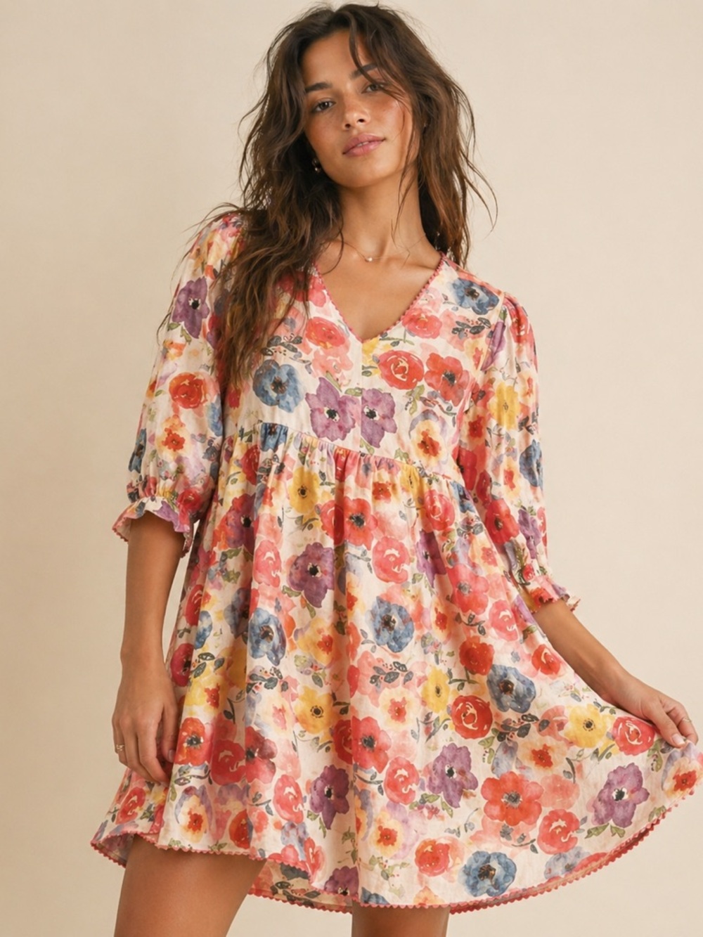 #26 CLOSEOUT Firm 🌸Boho Cotton Floral  Babydoll Dress in Multicolor